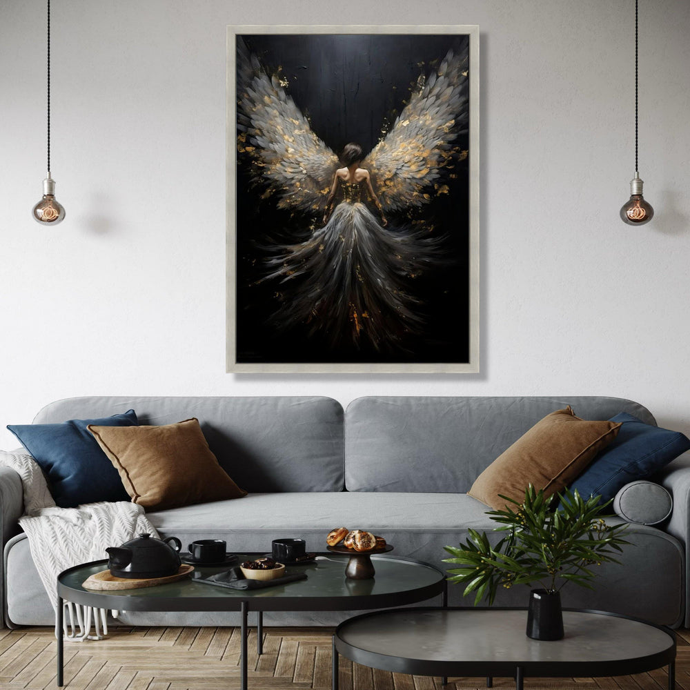 Elegant Angel Wings Canvas Wall Art, Dark Fantasy Woman Painting, Ethereal Feathered Wings Decor, Spiritual Home Gift Art, Home Decor, Print