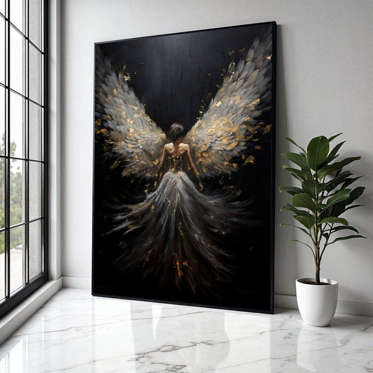 Elegant Angel Wings Canvas Wall Art, Dark Fantasy Woman Painting, Ethereal Feathered Wings Decor, Spiritual Home Gift Art, Home Decor, Print