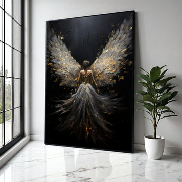 Elegant Angel Wings Canvas Wall Art, Dark Fantasy Woman Painting, Ethereal Feathered Wings Decor, Spiritual Home Gift Art, Home Decor, Print
