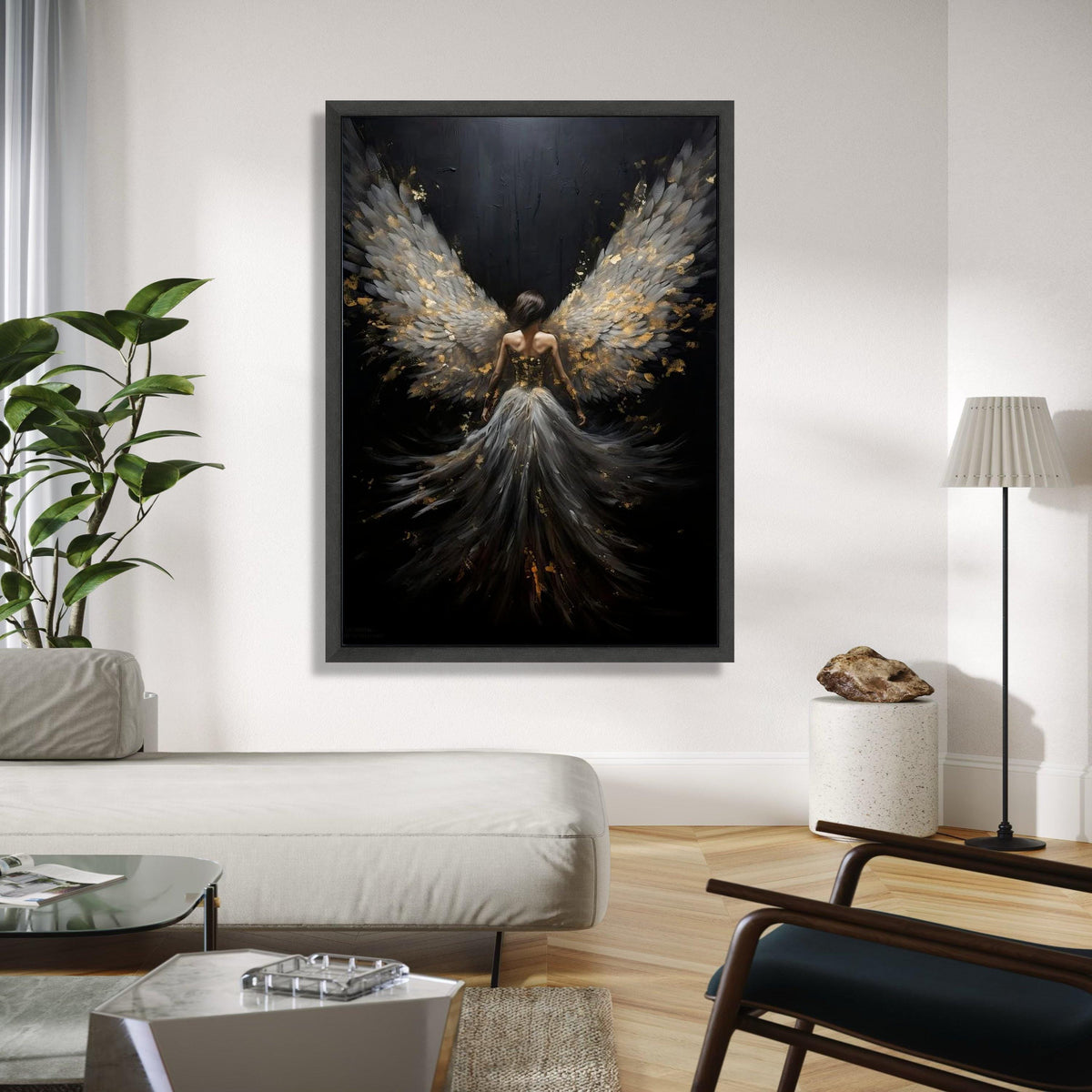 Elegant Angel Wings Canvas Wall Art, Dark Fantasy Woman Painting, Ethereal Feathered Wings Decor, Spiritual Home Gift Art, Home Decor, Print