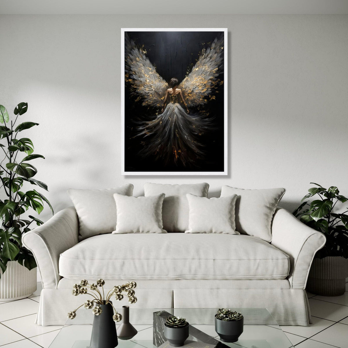 Elegant Angel Wings Canvas Wall Art, Dark Fantasy Woman Painting, Ethereal Feathered Wings Decor, Spiritual Home Gift Art, Home Decor, Print