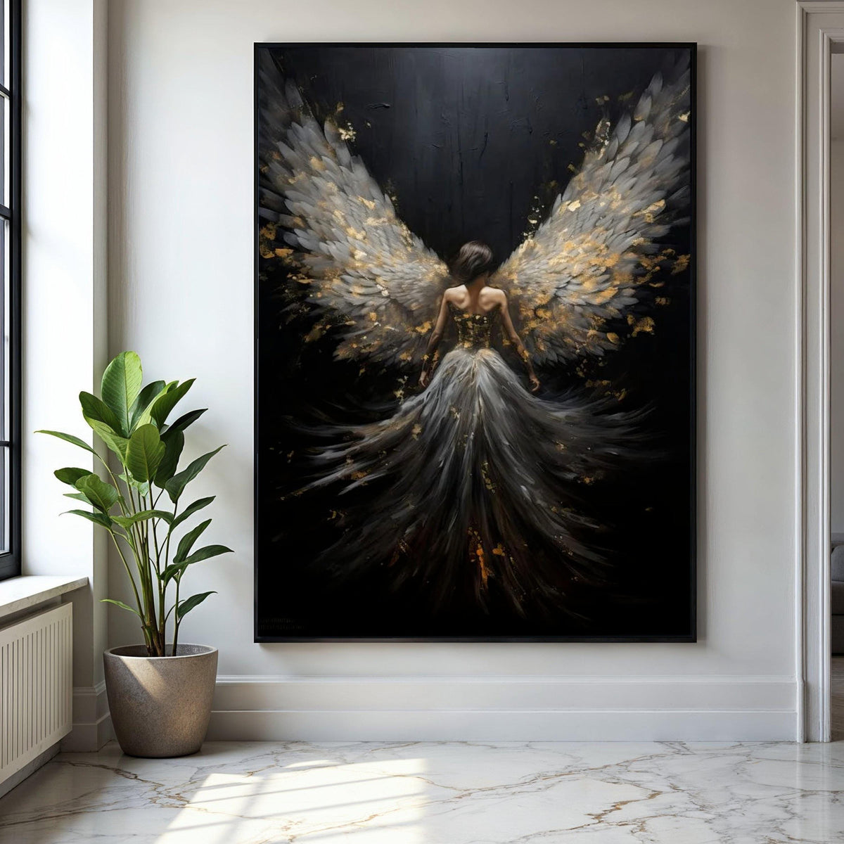 Elegant Angel Wings Canvas Wall Art, Dark Fantasy Woman Painting, Ethereal Feathered Wings Decor, Spiritual Home Gift Art, Home Decor, Print