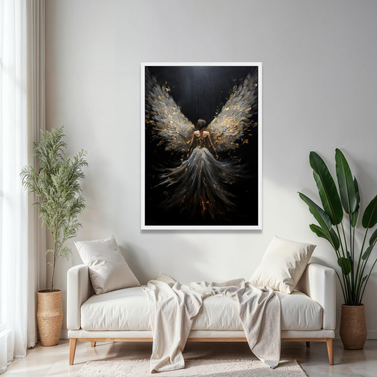 Elegant Angel Wings Canvas Wall Art, Dark Fantasy Woman Painting, Ethereal Feathered Wings Decor, Spiritual Home Gift Art, Home Decor, Print