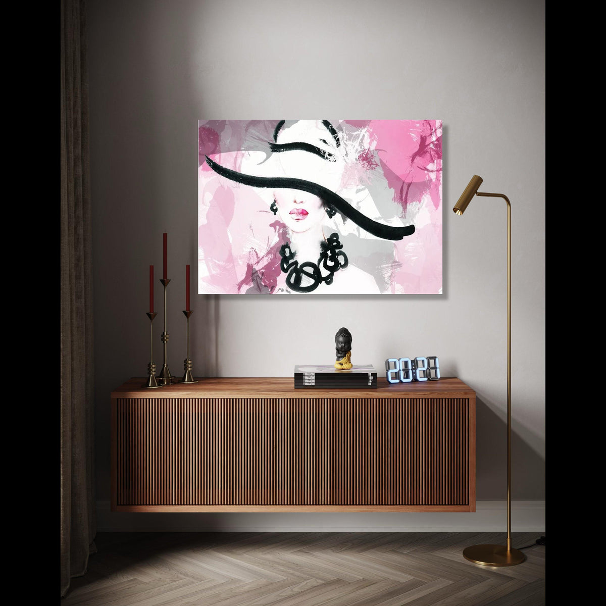 Elegant Woman Portrait Canvas, Abstract Fashion Wall Art, Pink and Black Design, Modern Chic Home Decor, Stylish Gift Art, Home Decor, Print