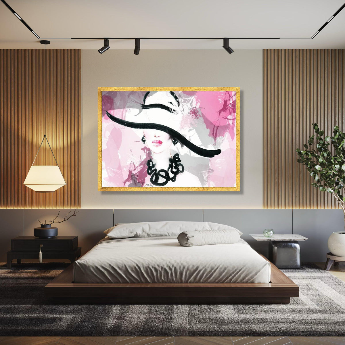 Elegant Woman Portrait Canvas, Abstract Fashion Wall Art, Pink and Black Design, Modern Chic Home Decor, Stylish Gift Art, Home Decor, Print