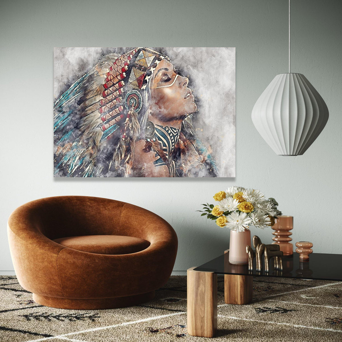 Native American Woman Portrait Canvas, Tribal Headdress Wall Art, Ethnic Ink Painting Canvas, Boho Home Decor, Gift Art, Home Decor, Print