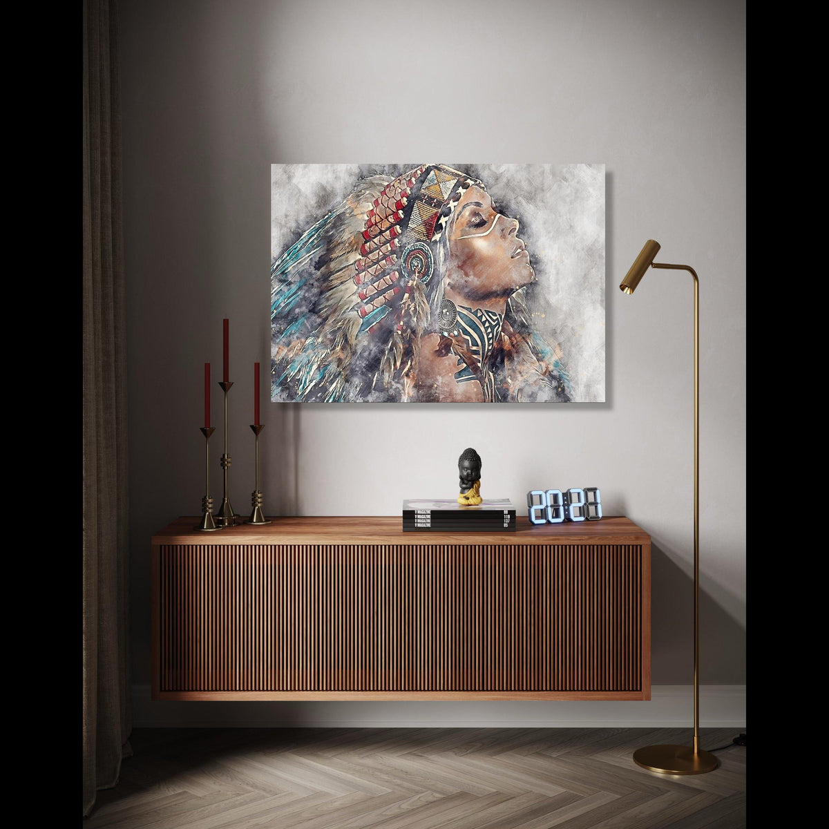 Native American Woman Portrait Canvas, Tribal Headdress Wall Art, Ethnic Ink Painting Canvas, Boho Home Decor, Gift Art, Home Decor, Print