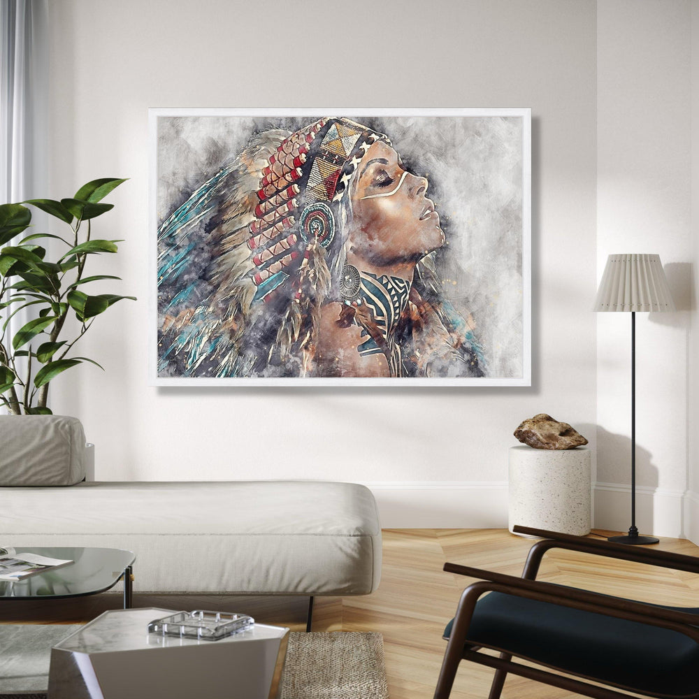 Native American Woman Portrait Canvas, Tribal Headdress Wall Art, Ethnic Ink Painting Canvas, Boho Home Decor, Gift Art, Home Decor, Print