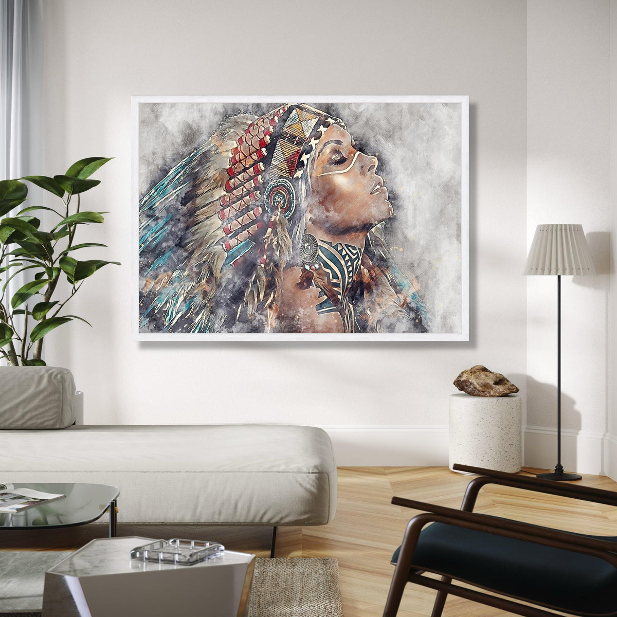 Native American Woman Portrait Canvas, Tribal Headdress Wall Art, Ethnic Ink Painting Canvas, Boho Home Decor, Gift Art, Home Decor, Print