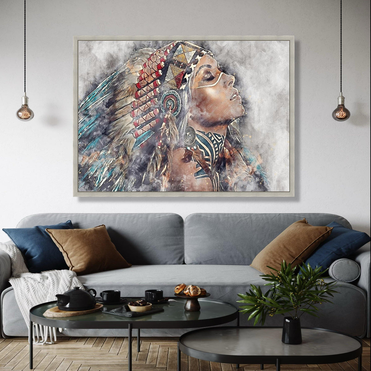Native American Woman Portrait Canvas, Tribal Headdress Wall Art, Ethnic Ink Painting Canvas, Boho Home Decor, Gift Art, Home Decor, Print