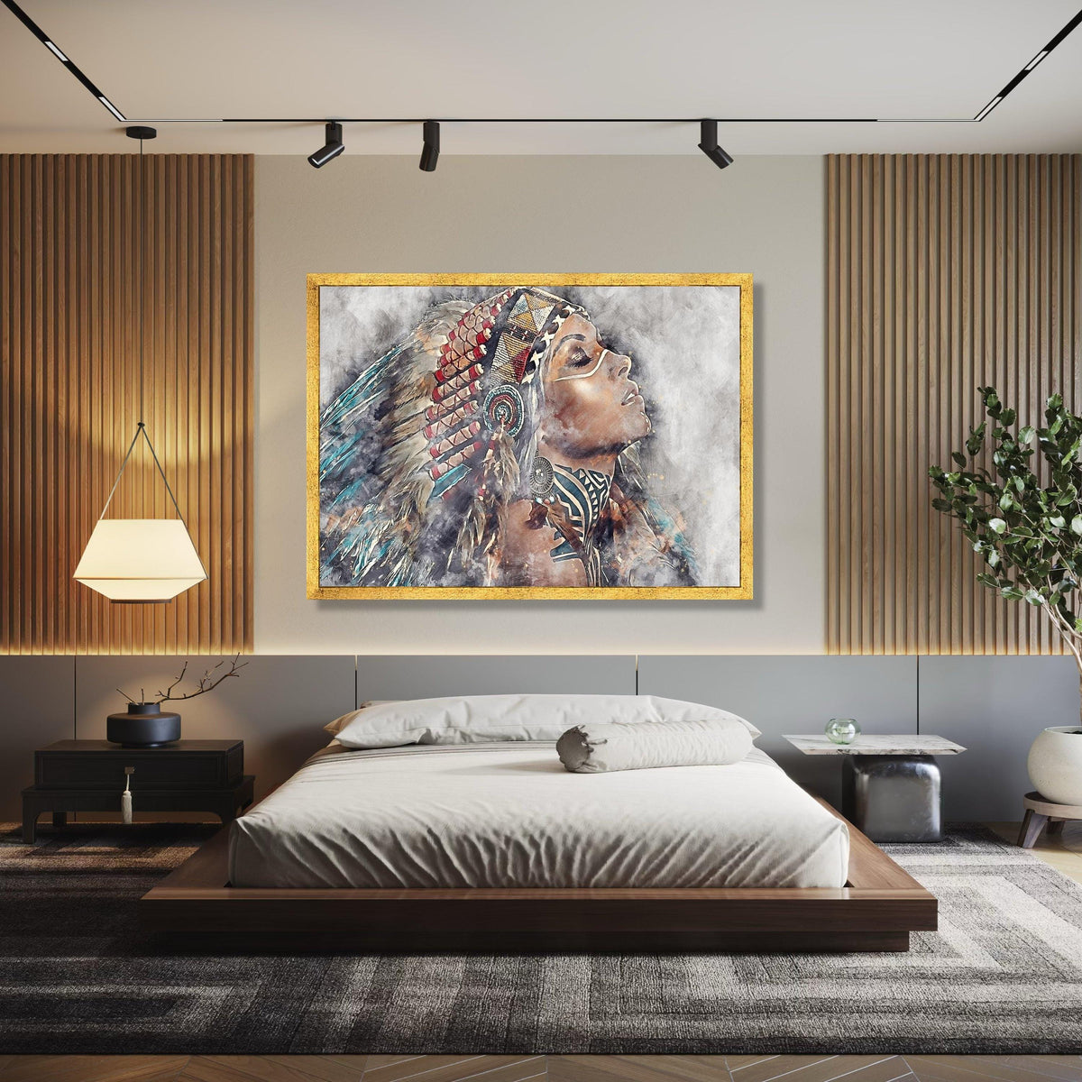 Native American Woman Portrait Canvas, Tribal Headdress Wall Art, Ethnic Ink Painting Canvas, Boho Home Decor, Gift Art, Home Decor, Print