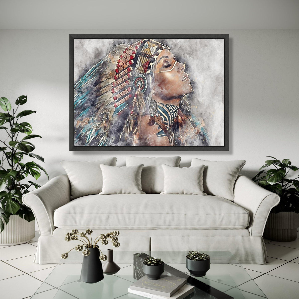 Native American Woman Portrait Canvas, Tribal Headdress Wall Art, Ethnic Ink Painting Canvas, Boho Home Decor, Gift Art, Home Decor, Print