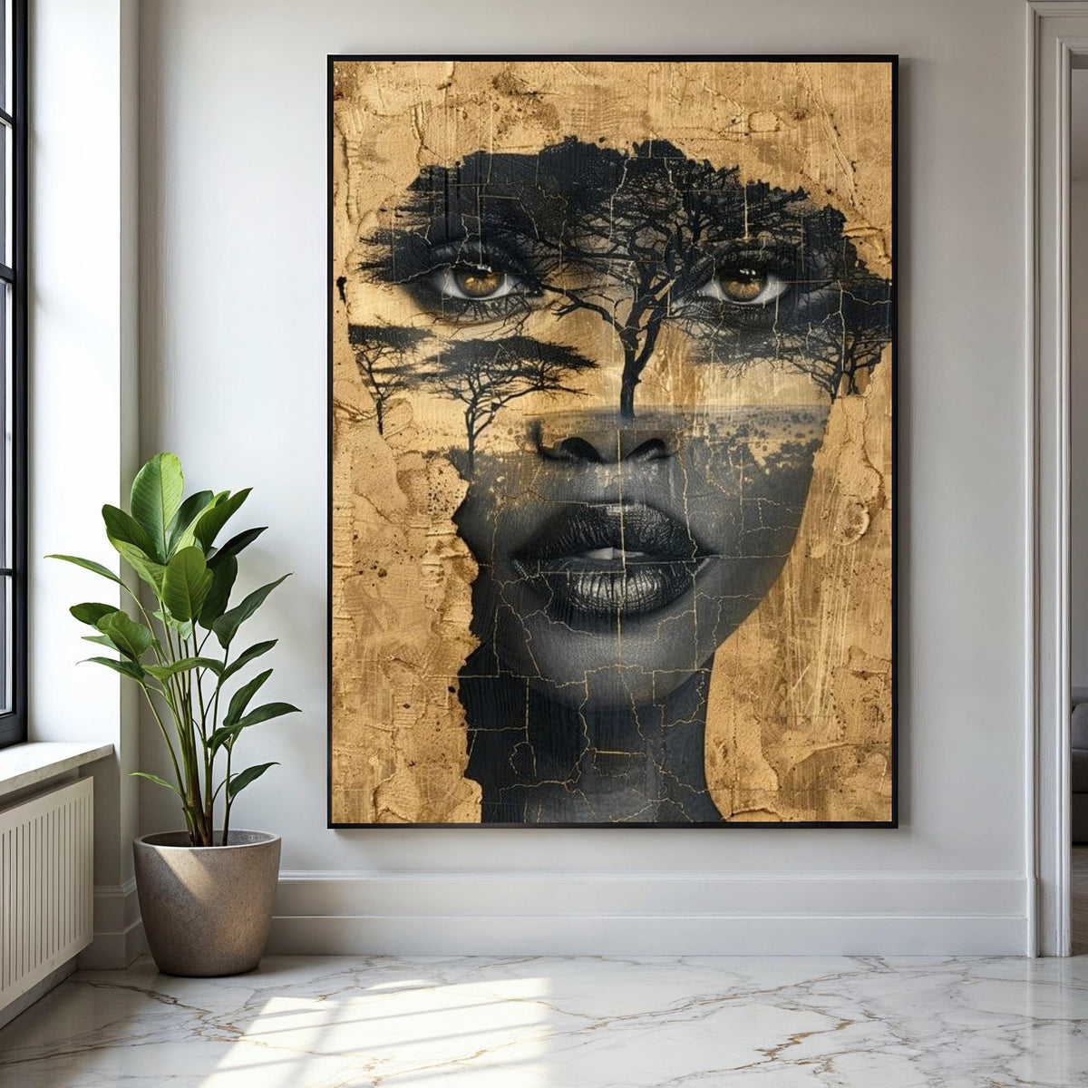 African Woman Face Canvas, Tree Silhouette Wall Art, Ethnic Portrait Canvas, Abstract Nature Art, Modern Home Gift Art, Home Decor, Print