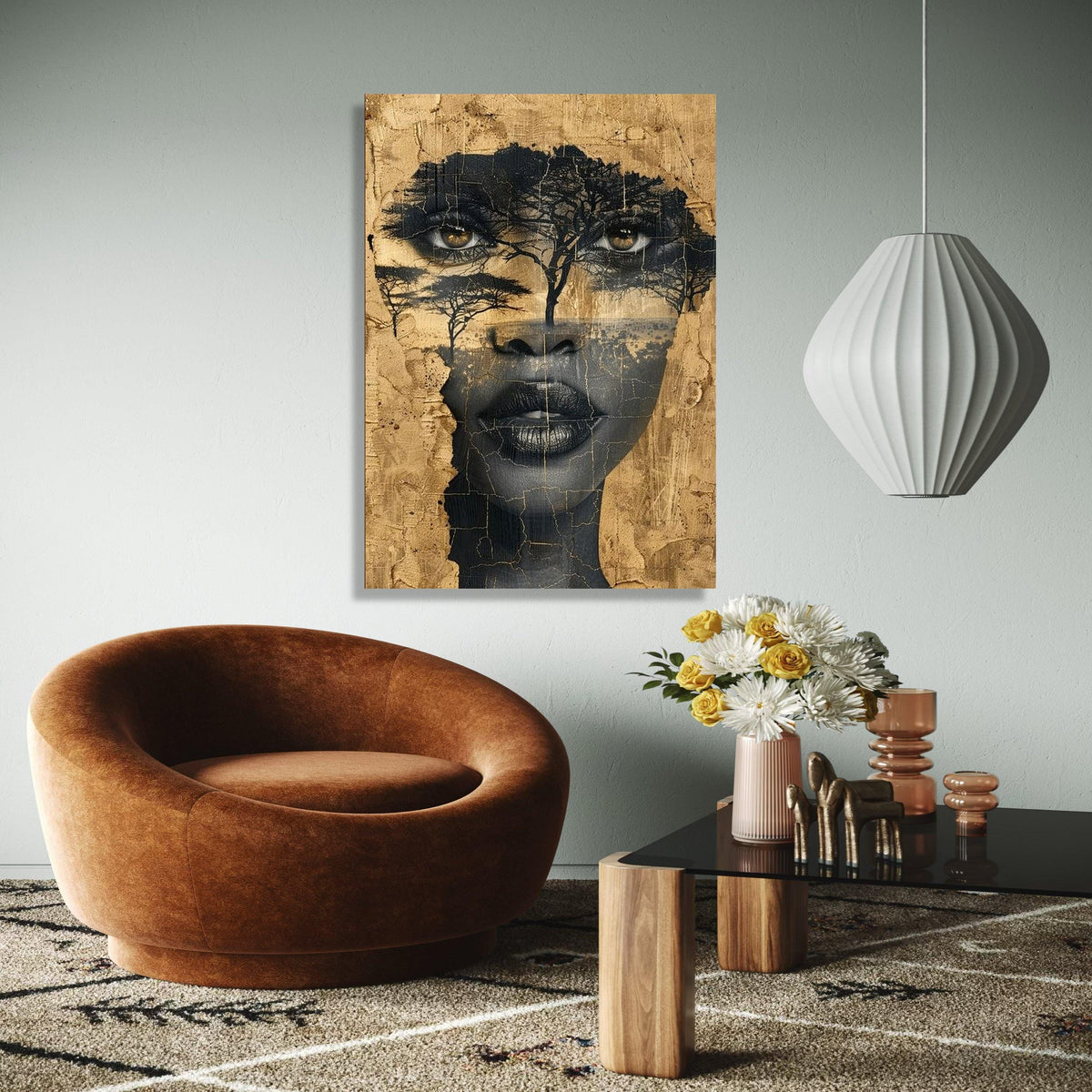 African Woman Face Canvas, Tree Silhouette Wall Art, Ethnic Portrait Canvas, Abstract Nature Art, Modern Home Gift Art, Home Decor, Print