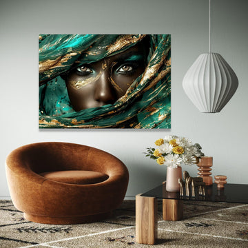 Mystical Woman Portrait Canvas, Abstract Gold and Teal Face Art, Ethereal Eyes Wall Art, Luxury Decorative Gift Art, Home Decor, Print