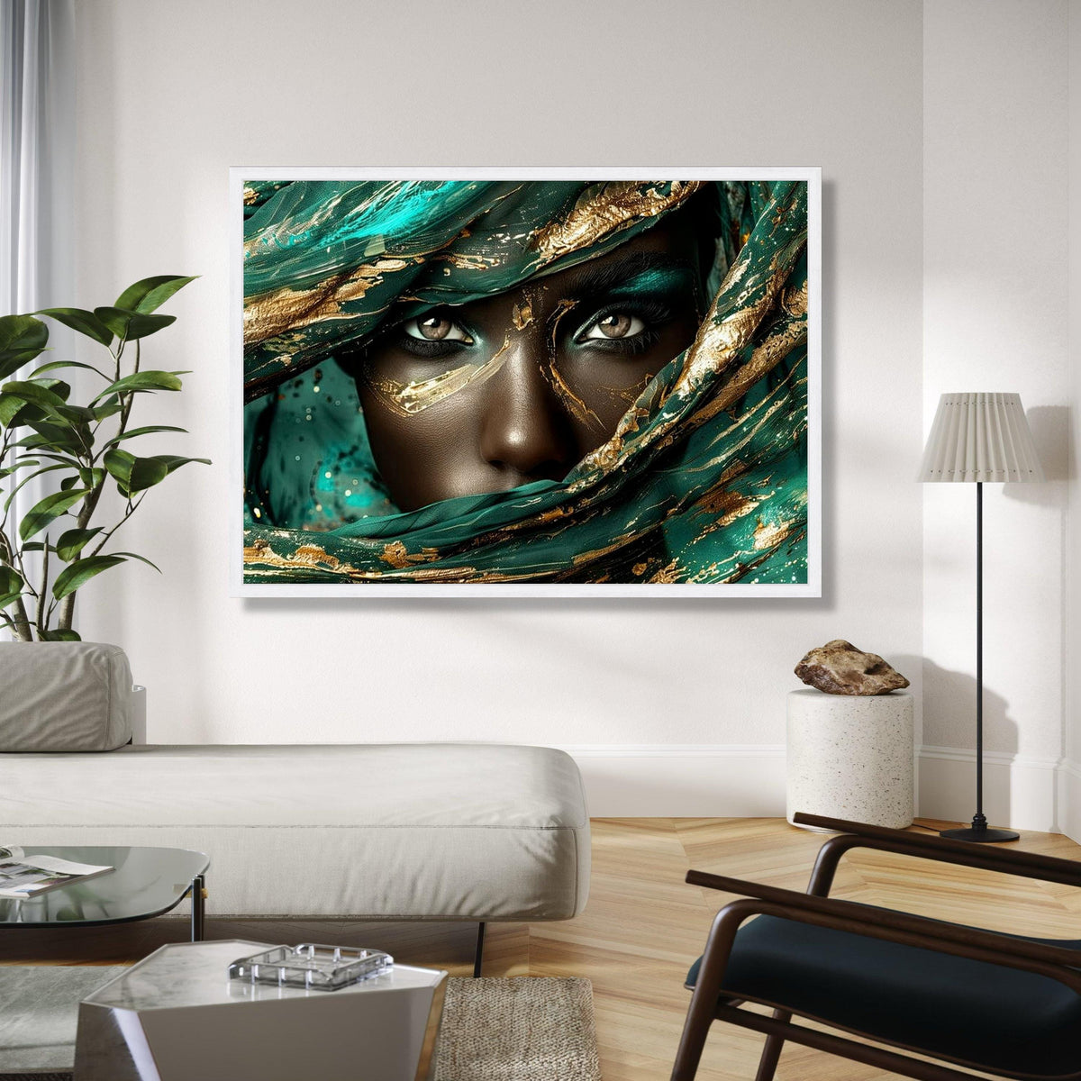 Mystical Woman Portrait Canvas, Abstract Gold and Teal Face Art, Ethereal Eyes Wall Art, Luxury Decorative Gift Art, Home Decor, Print