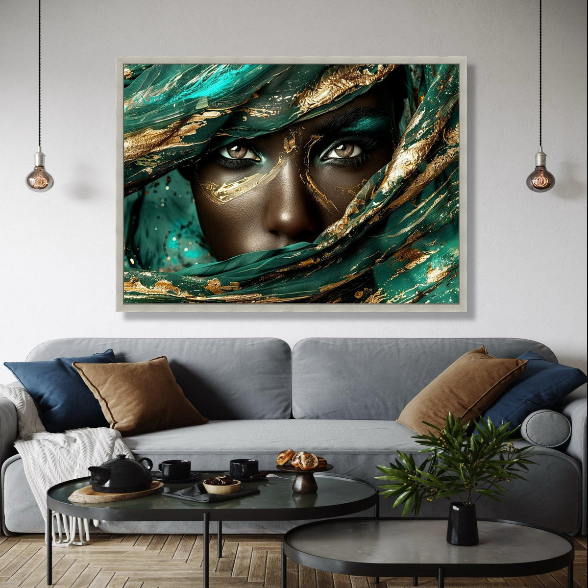 Mystical Woman Portrait Canvas, Abstract Gold and Teal Face Art, Ethereal Eyes Wall Art, Luxury Decorative Gift Art, Home Decor, Print