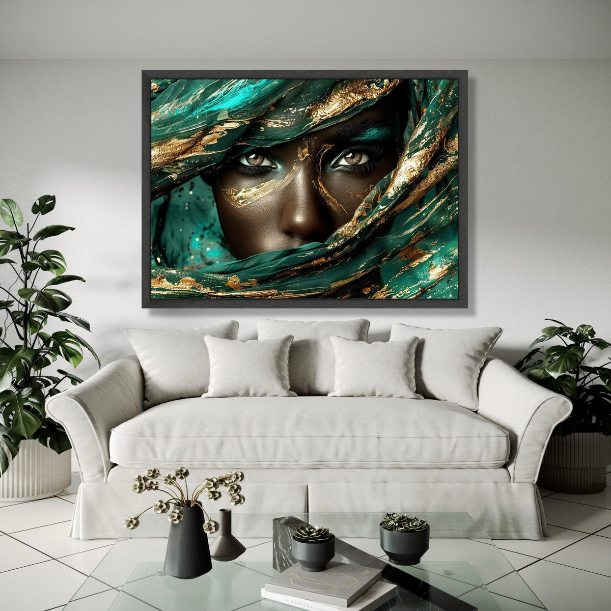 Mystical Woman Portrait Canvas, Abstract Gold and Teal Face Art, Ethereal Eyes Wall Art, Luxury Decorative Gift Art, Home Decor, Print
