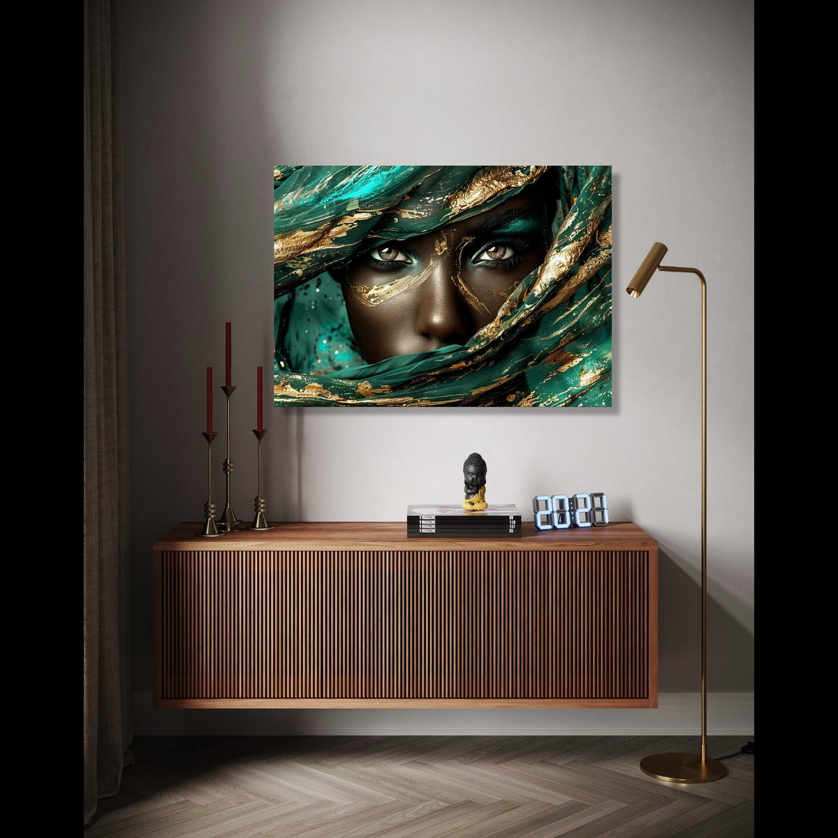 Mystical Woman Portrait Canvas, Abstract Gold and Teal Face Art, Ethereal Eyes Wall Art, Luxury Decorative Gift Art, Home Decor, Print