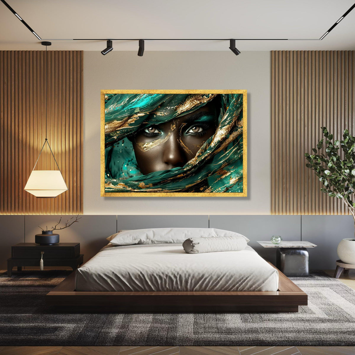 Mystical Woman Portrait Canvas, Abstract Gold and Teal Face Art, Ethereal Eyes Wall Art, Luxury Decorative Gift Art, Home Decor, Print