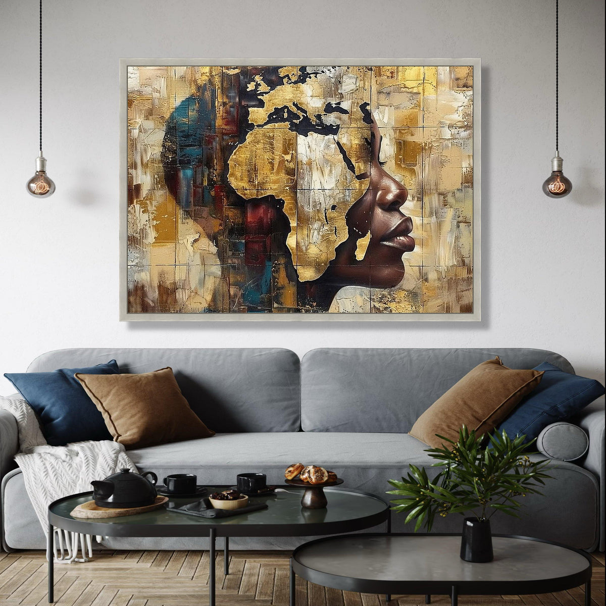 African Continent Silhouette, Abstract Face Canvas, Gold Wall Art, Cultural Home Decor, Modern Canvas Painting, Gift Art, Home Decor, Print