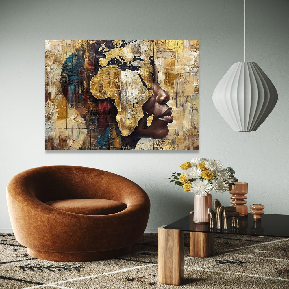 African Continent Silhouette, Abstract Face Canvas, Gold Wall Art, Cultural Home Decor, Modern Canvas Painting, Gift Art, Home Decor, Print