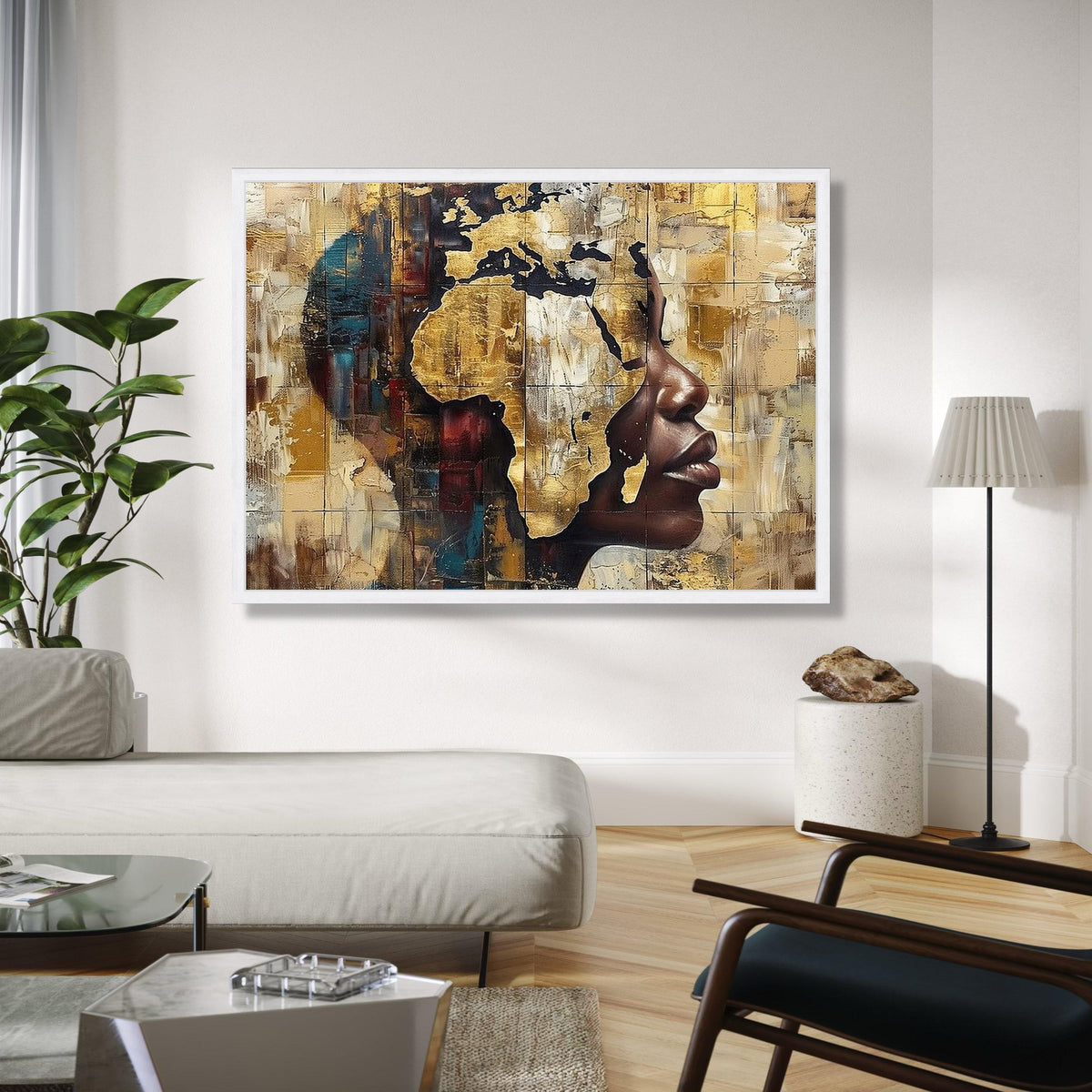 African Continent Silhouette, Abstract Face Canvas, Gold Wall Art, Cultural Home Decor, Modern Canvas Painting, Gift Art, Home Decor, Print
