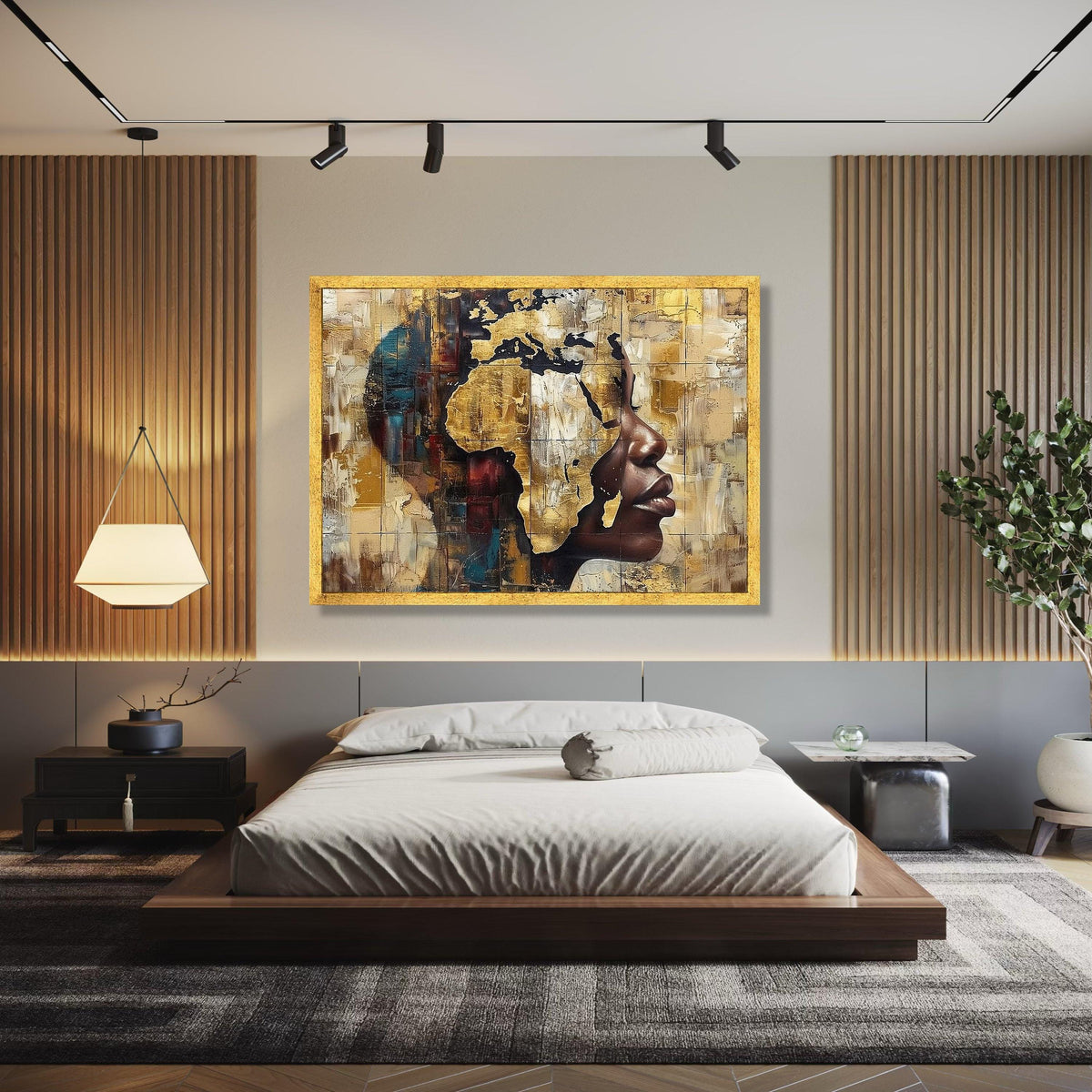 African Continent Silhouette, Abstract Face Canvas, Gold Wall Art, Cultural Home Decor, Modern Canvas Painting, Gift Art, Home Decor, Print