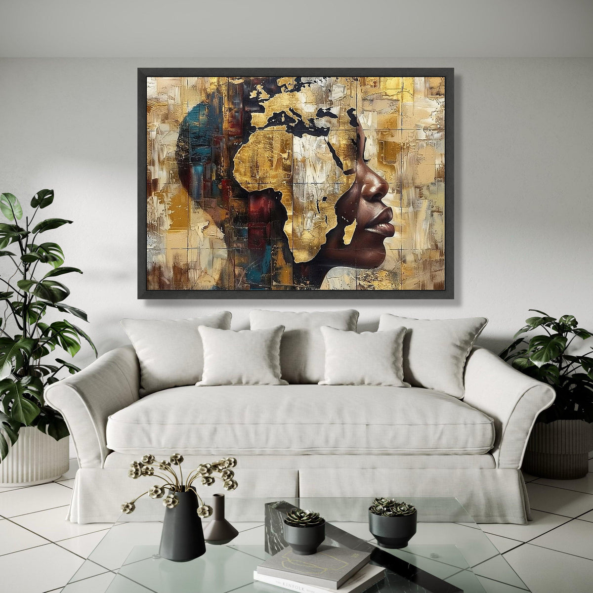 African Continent Silhouette, Abstract Face Canvas, Gold Wall Art, Cultural Home Decor, Modern Canvas Painting, Gift Art, Home Decor, Print