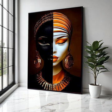 Dual Tone Woman Portrait Canvas, Abstract Face Art, Modern Ethnic Wall Decor, Orange Gold Makeup Canvas, Fashion Gift Art, Home Decor, Print