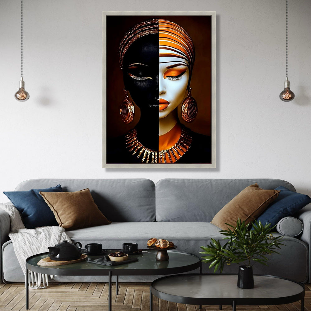 Dual Tone Woman Portrait Canvas, Abstract Face Art, Modern Ethnic Wall Decor, Orange Gold Makeup Canvas, Fashion Gift Art, Home Decor, Print