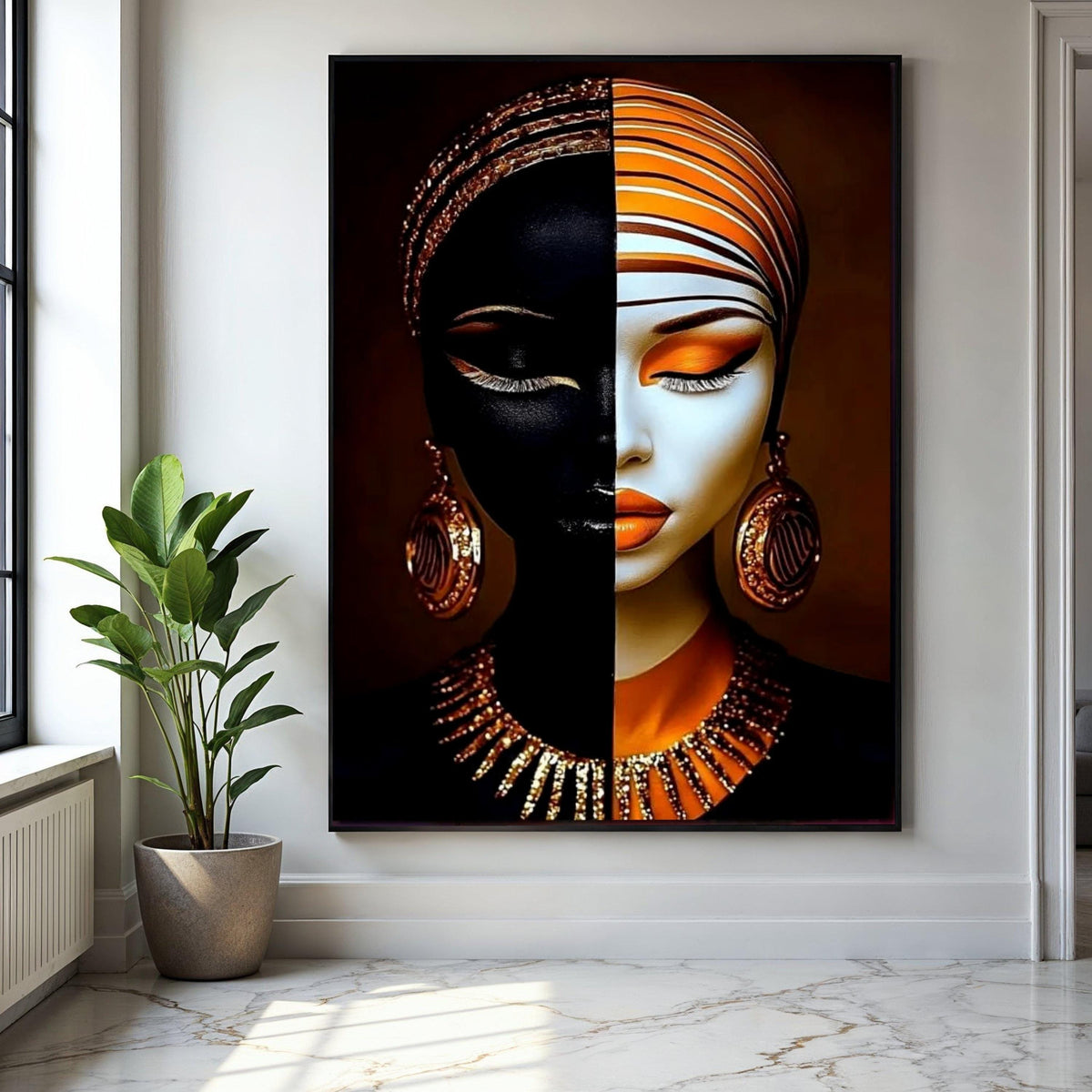 Dual Tone Woman Portrait Canvas, Abstract Face Art, Modern Ethnic Wall Decor, Orange Gold Makeup Canvas, Fashion Gift Art, Home Decor, Print