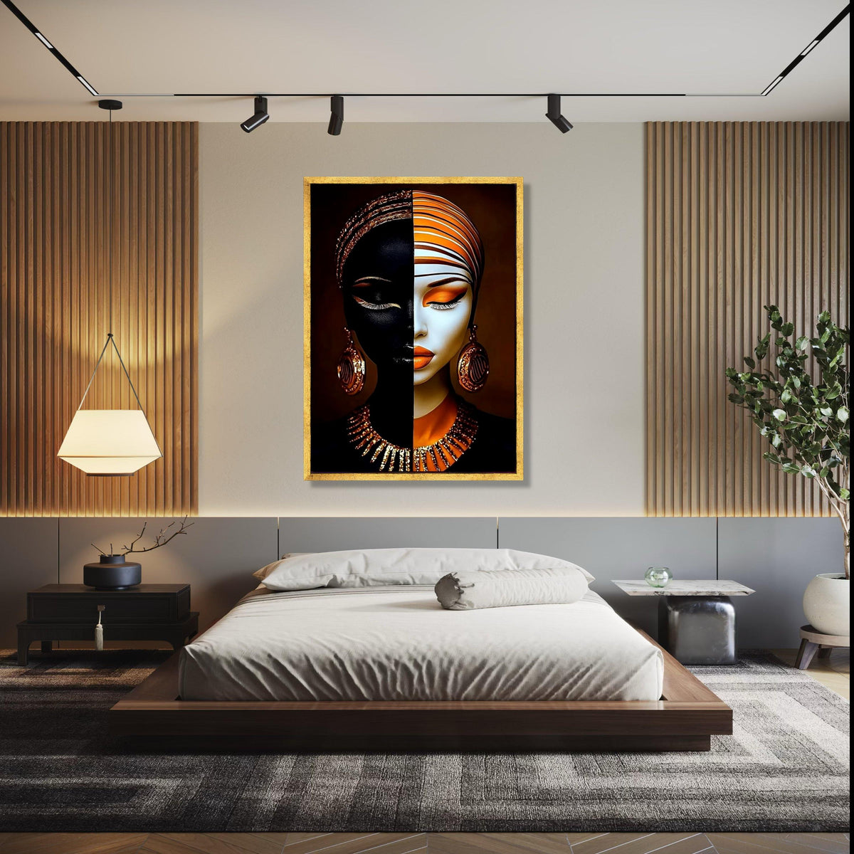 Dual Tone Woman Portrait Canvas, Abstract Face Art, Modern Ethnic Wall Decor, Orange Gold Makeup Canvas, Fashion Gift Art, Home Decor, Print