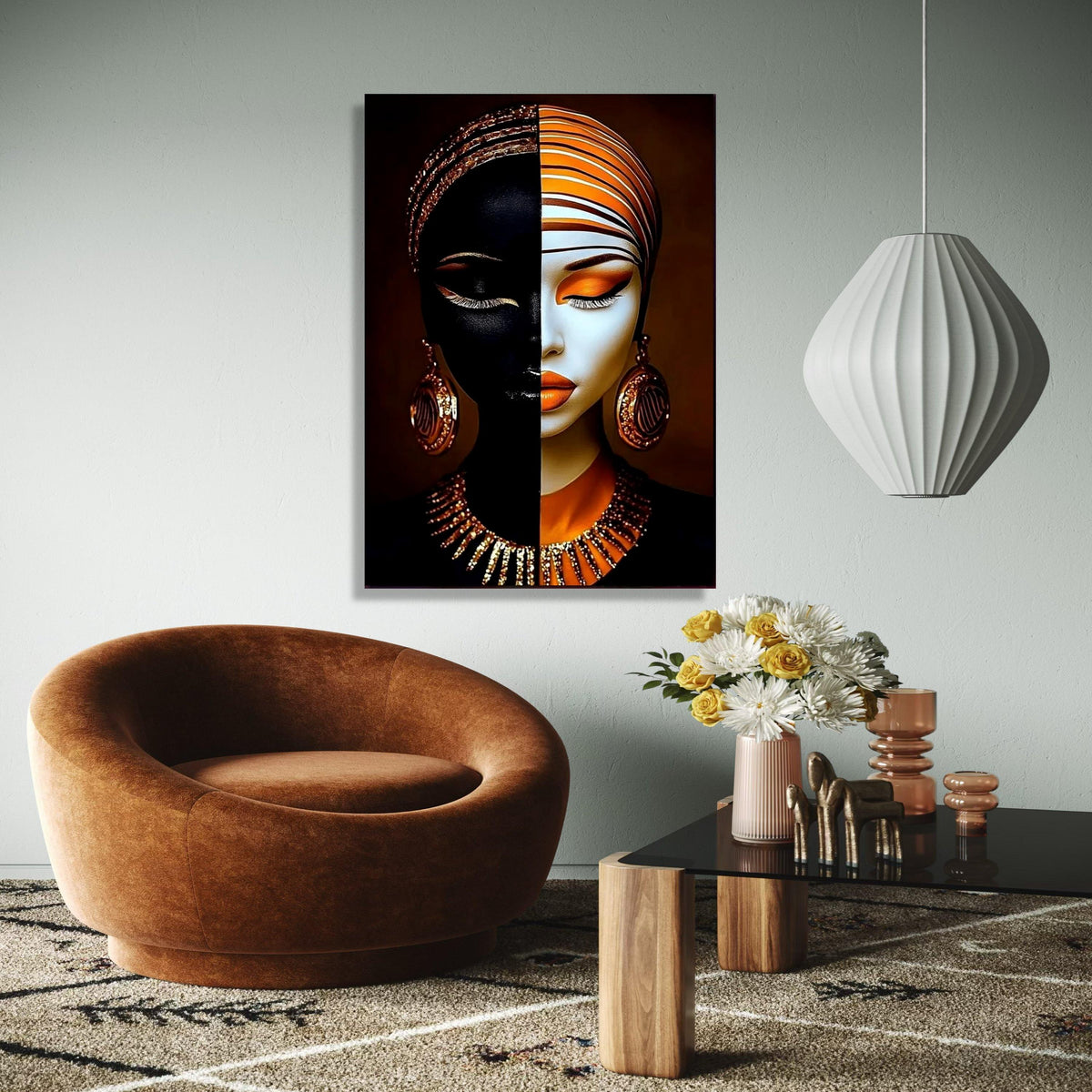 Dual Tone Woman Portrait Canvas, Abstract Face Art, Modern Ethnic Wall Decor, Orange Gold Makeup Canvas, Fashion Gift Art, Home Decor, Print