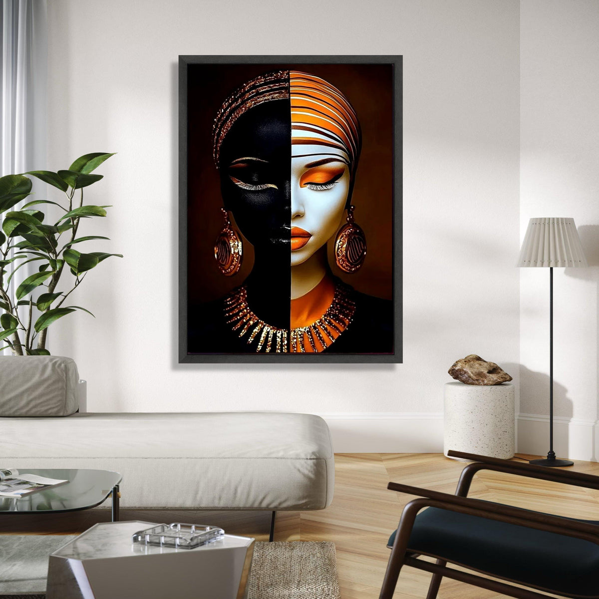 Dual Tone Woman Portrait Canvas, Abstract Face Art, Modern Ethnic Wall Decor, Orange Gold Makeup Canvas, Fashion Gift Art, Home Decor, Print