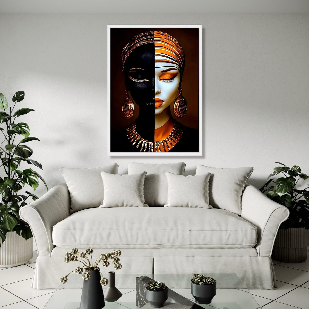 Dual Tone Woman Portrait Canvas, Abstract Face Art, Modern Ethnic Wall Decor, Orange Gold Makeup Canvas, Fashion Gift Art, Home Decor, Print