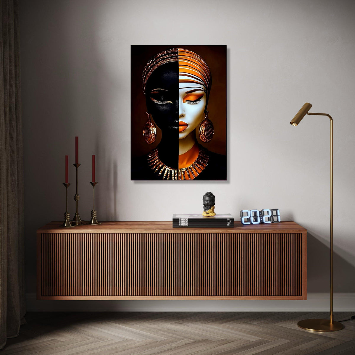 Dual Tone Woman Portrait Canvas, Abstract Face Art, Modern Ethnic Wall Decor, Orange Gold Makeup Canvas, Fashion Gift Art, Home Decor, Print