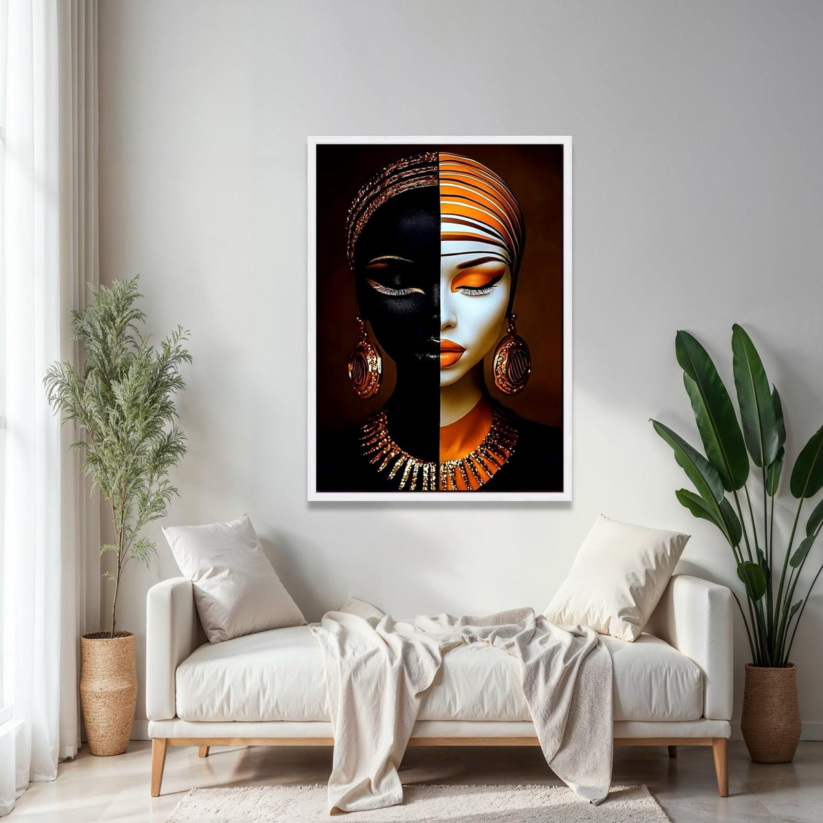 Dual Tone Woman Portrait Canvas, Abstract Face Art, Modern Ethnic Wall Decor, Orange Gold Makeup Canvas, Fashion Gift Art, Home Decor, Print