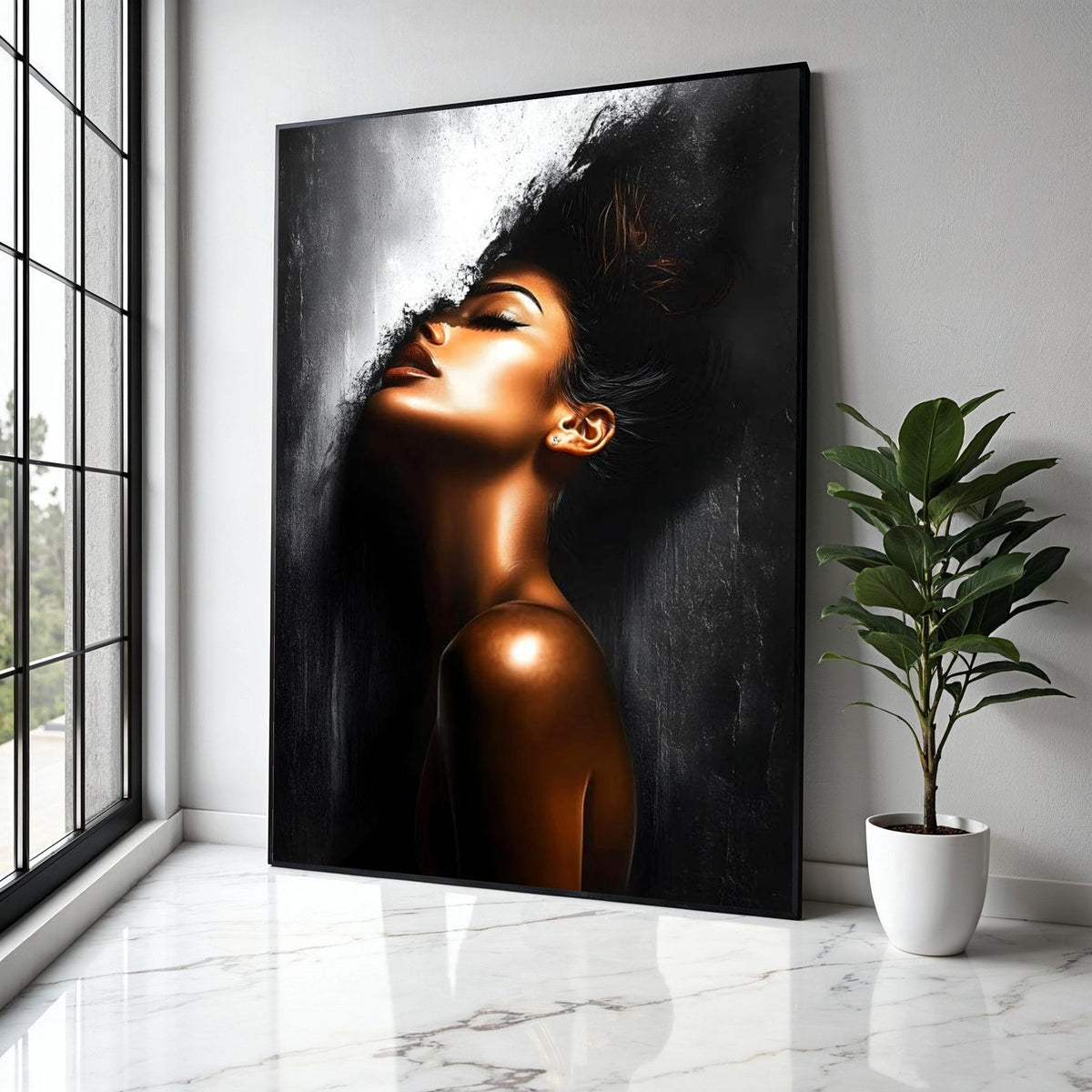 Elegant Female Portrait Canvas, Modern Abstract Woman Art, Black and Gold Wall Decor, Contemporary Canvas Wall Gift Art, Home Decor, Print