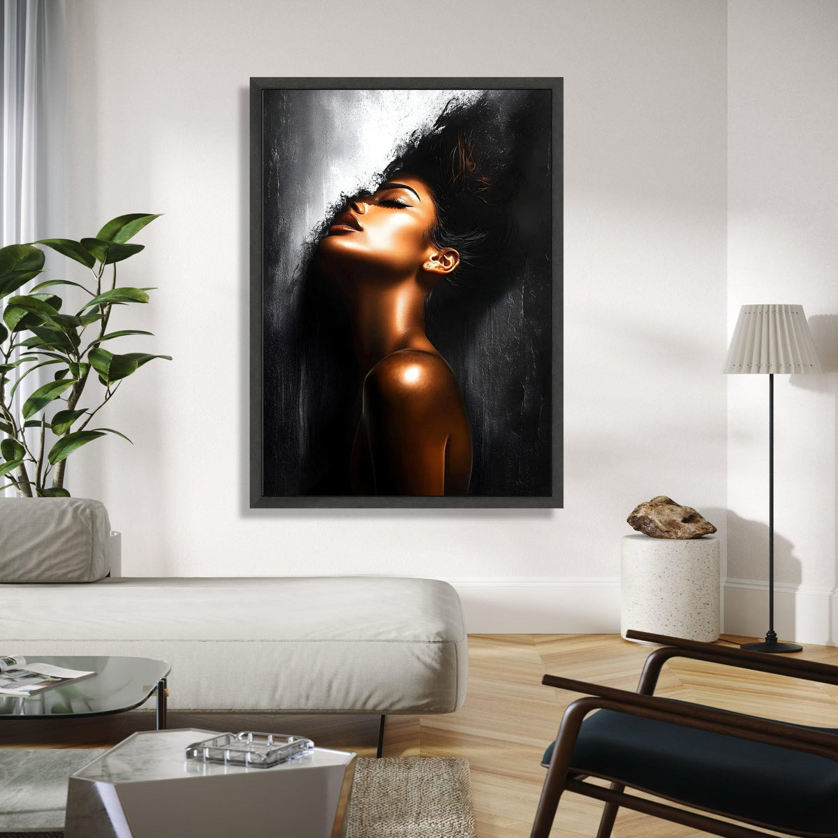 Elegant Female Portrait Canvas, Modern Abstract Woman Art, Black and Gold Wall Decor, Contemporary Canvas Wall Gift Art, Home Decor, Print