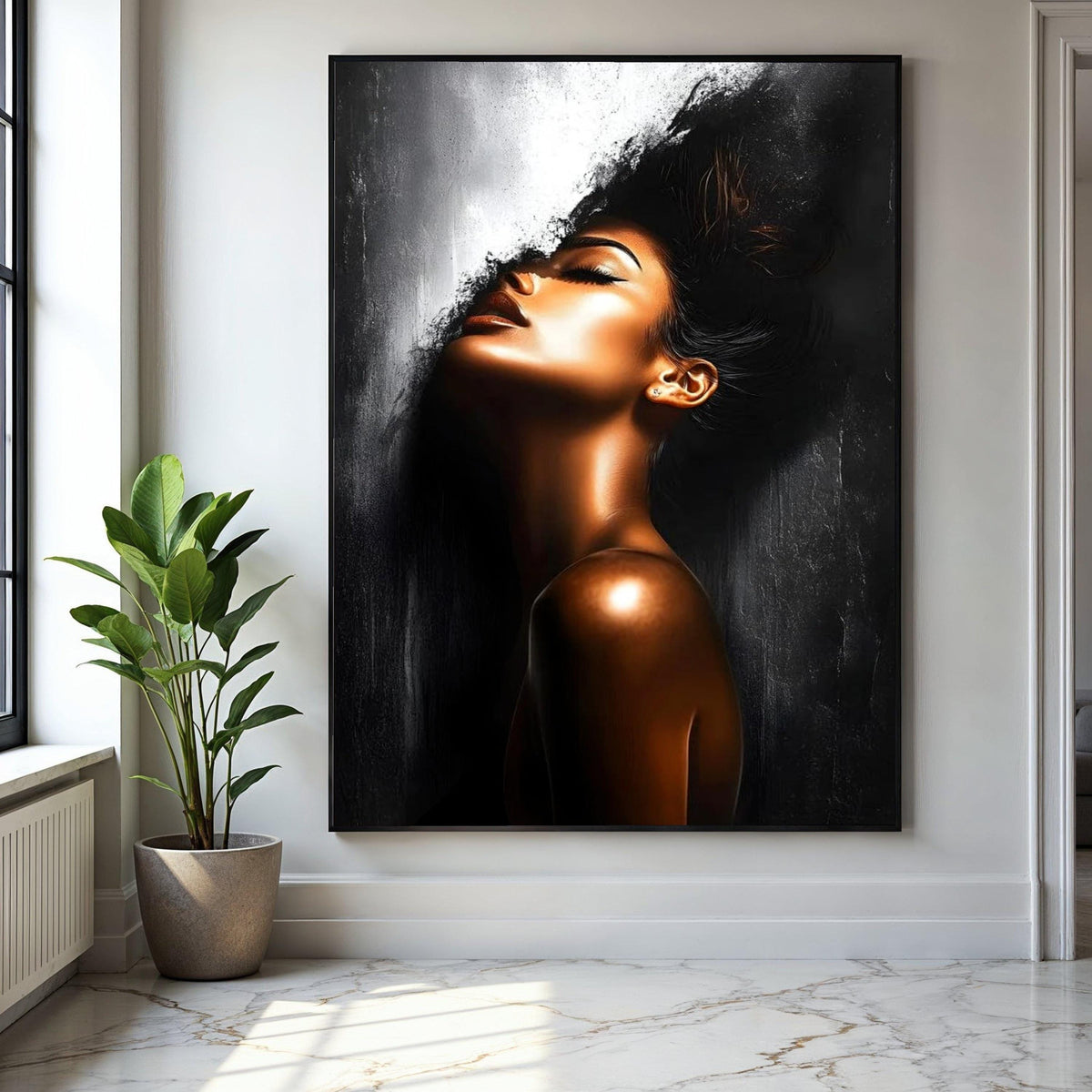 Elegant Female Portrait Canvas, Modern Abstract Woman Art, Black and Gold Wall Decor, Contemporary Canvas Wall Gift Art, Home Decor, Print
