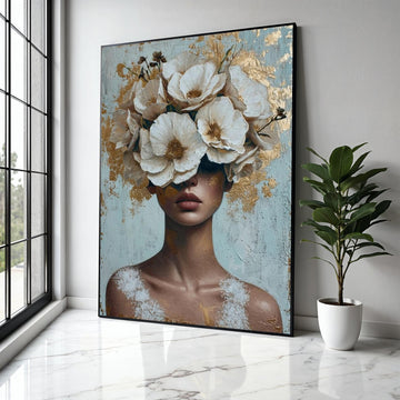 Elegant Woman with White Floral Crown Canvas, Abstract Portrait Wall Art, Modern Decorative Canvas, Feminine Gift Art, Home Decor, Print