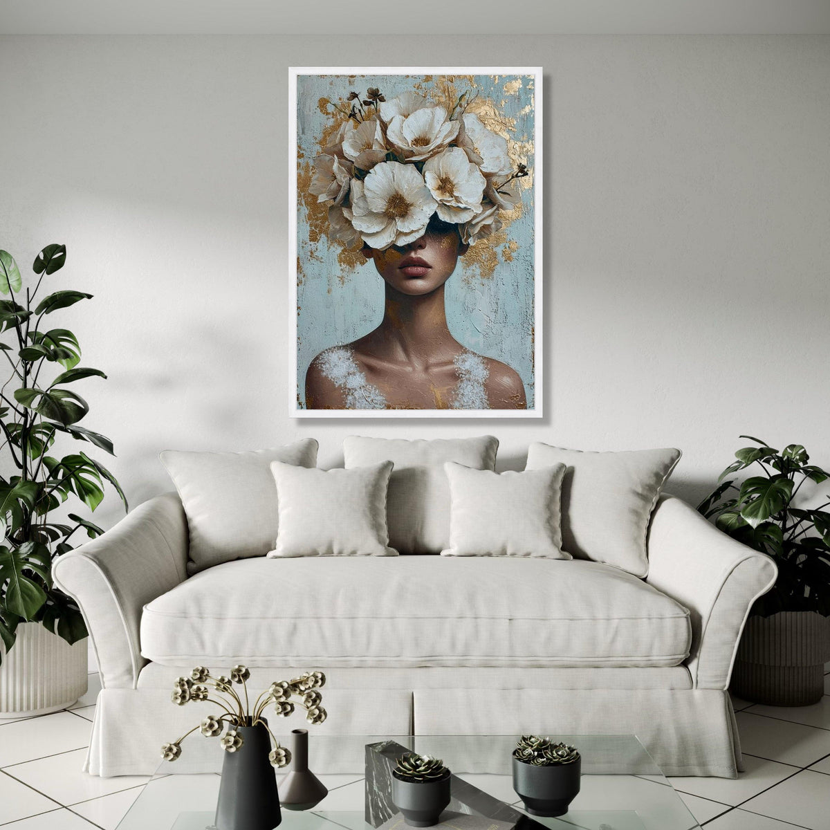 Elegant Woman with White Floral Crown Canvas, Abstract Portrait Wall Art, Modern Decorative Canvas, Feminine Gift Art, Home Decor, Print