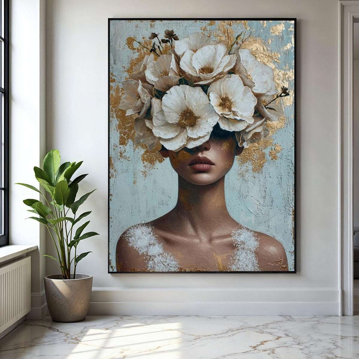 Elegant Woman with White Floral Crown Canvas, Abstract Portrait Wall Art, Modern Decorative Canvas, Feminine Gift Art, Home Decor, Print