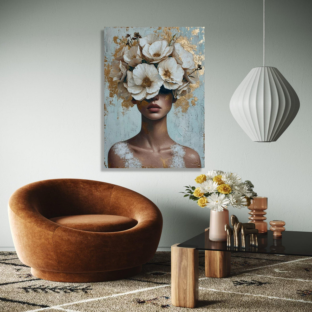 Elegant Woman with White Floral Crown Canvas, Abstract Portrait Wall Art, Modern Decorative Canvas, Feminine Gift Art, Home Decor, Print