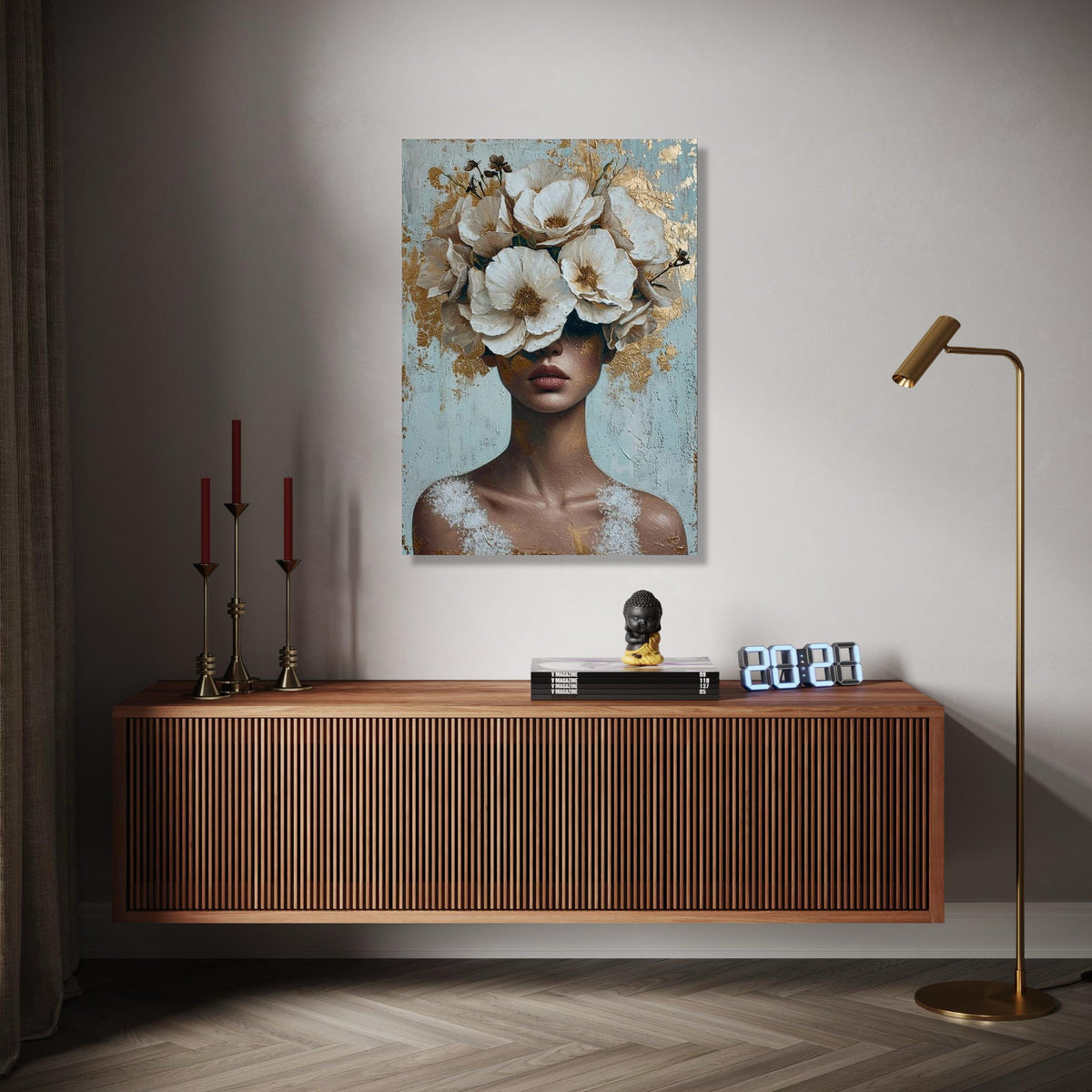 Elegant Woman with White Floral Crown Canvas, Abstract Portrait Wall Art, Modern Decorative Canvas, Feminine Gift Art, Home Decor, Print