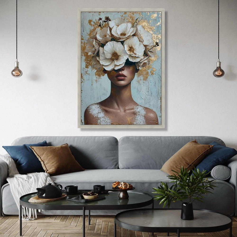 Elegant Woman with White Floral Crown Canvas, Abstract Portrait Wall Art, Modern Decorative Canvas, Feminine Gift Art, Home Decor, Print