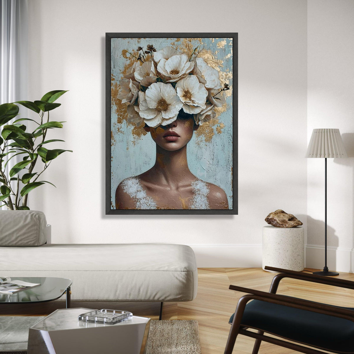 Elegant Woman with White Floral Crown Canvas, Abstract Portrait Wall Art, Modern Decorative Canvas, Feminine Gift Art, Home Decor, Print