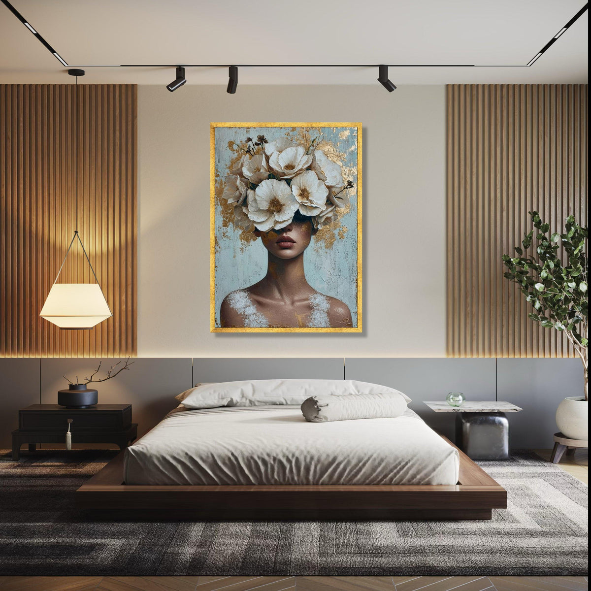 Elegant Woman with White Floral Crown Canvas, Abstract Portrait Wall Art, Modern Decorative Canvas, Feminine Gift Art, Home Decor, Print