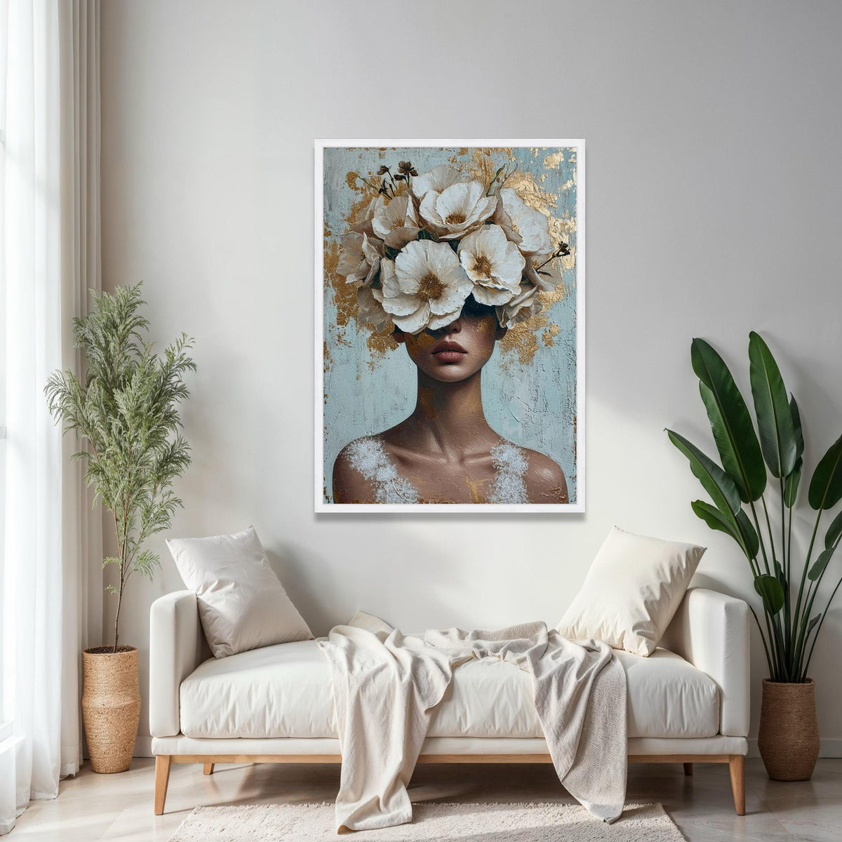 Elegant Woman with White Floral Crown Canvas, Abstract Portrait Wall Art, Modern Decorative Canvas, Feminine Gift Art, Home Decor, Print